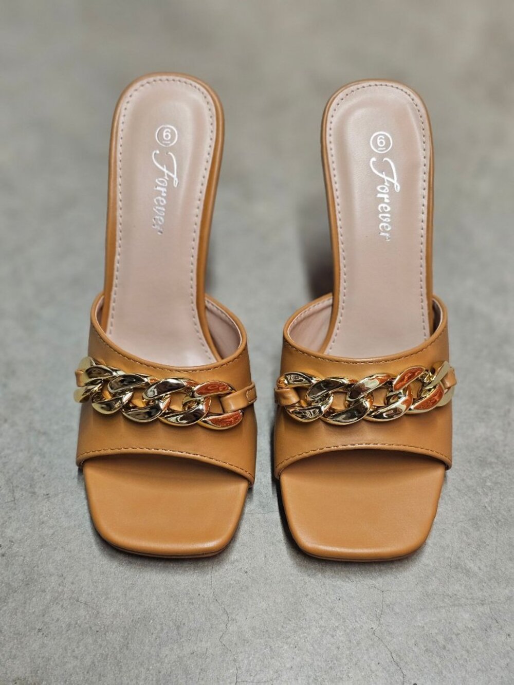 Tan Open-Toe Stiletto Heels With Gold Chain Detail - Picture 16 of 16